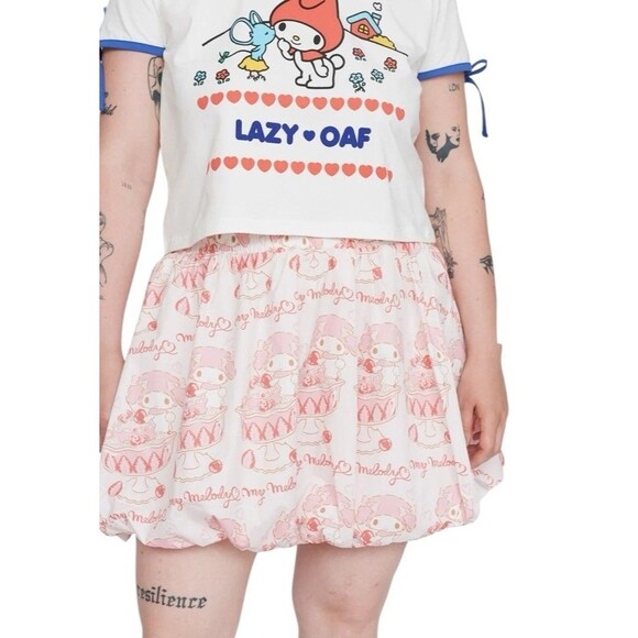 Lazy Oaf X My Melody Collection Bubble Skirt Elastic Waist Pink White Sz 14 EUC - Picture 1 of 14